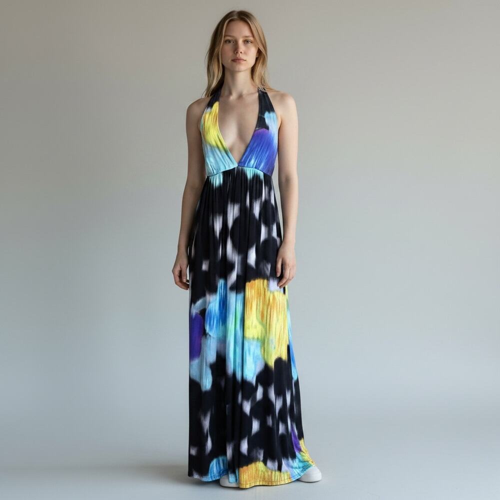 Alice + Olivia Halter Maxi Dress XS Abstract Watercolor Print Open Back Y2K